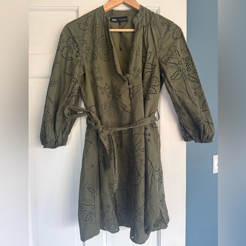 Zara Olive Eyelet Dress with Tie Waist